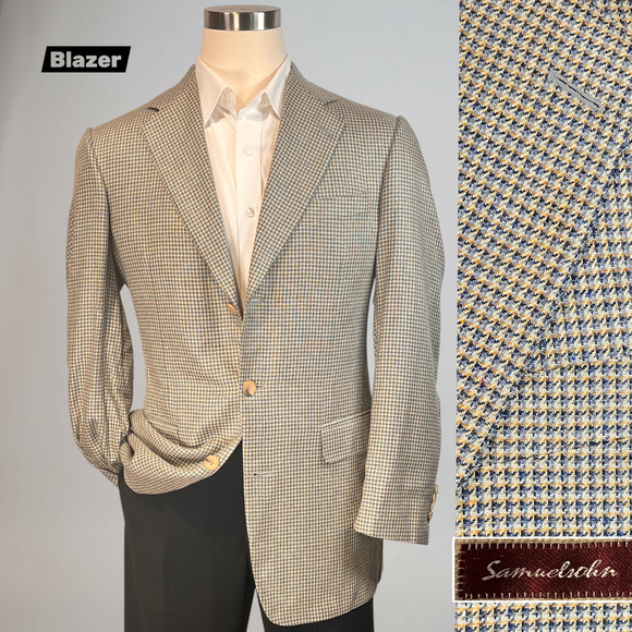 Samuelsohn Other - Samuelsohn Italian Silk Blazer 42L Ice Blue and Cream Houndstooth 3 Btn